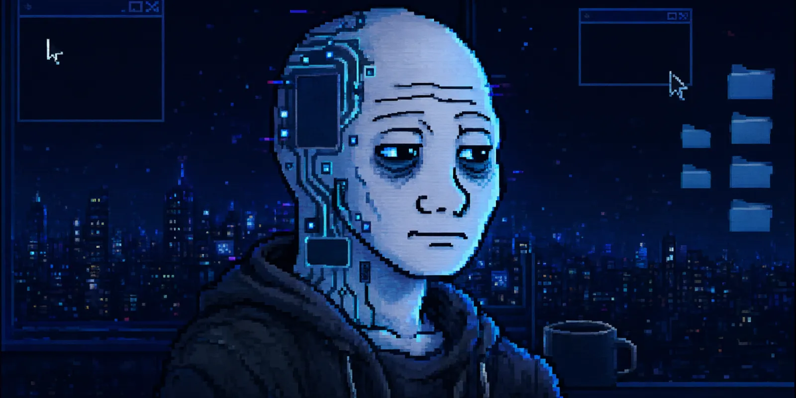 Wojak.exe at his desk under a night skyline