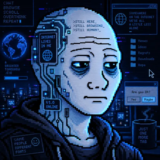Wojak.exe: a bald pixel-art Wojak with cyan circuits across his head, in a grey hoodie, staring flatly